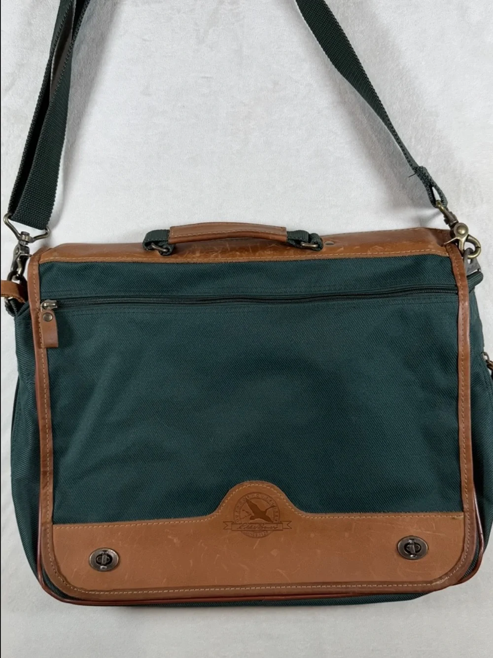 Eddie Bauer Dark Green Canvas Meather Messenger Laptop Bag Brown Leather Trim